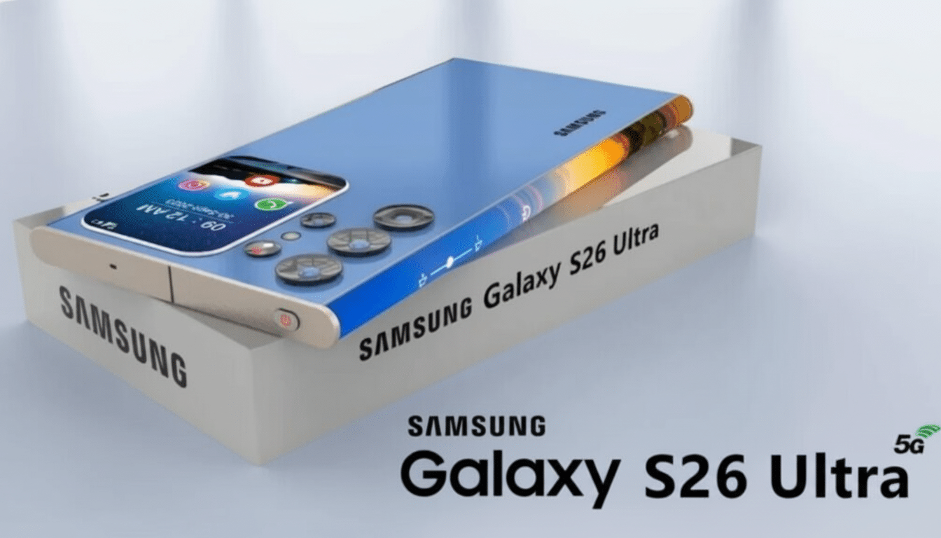 A Samsung Galaxy S26 Ultra smartphone with a blue back and a screen displaying app icons, resting on a white box with SAMSUNG Galaxy S26 Ultra text.