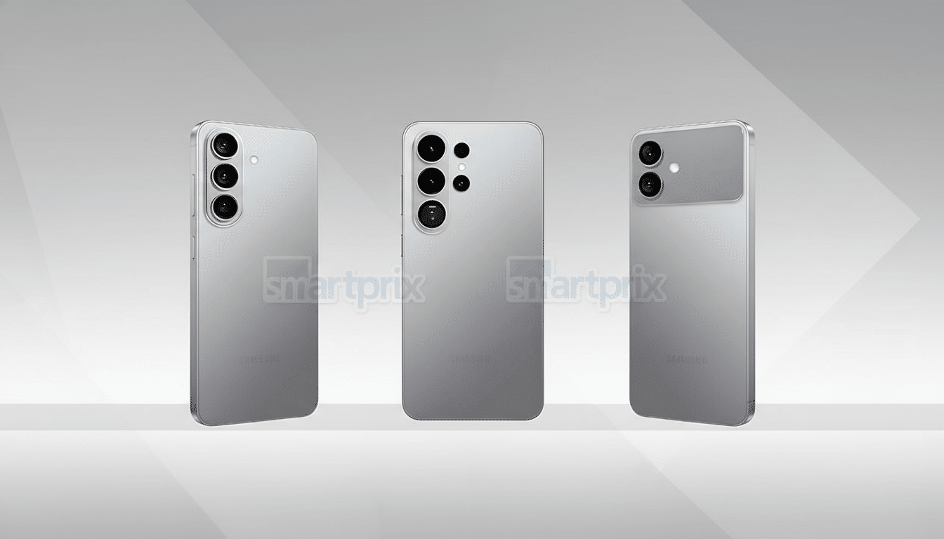 Three silver smartphones are displayed at different angles against a professional flat gray background with a subtle gradient.