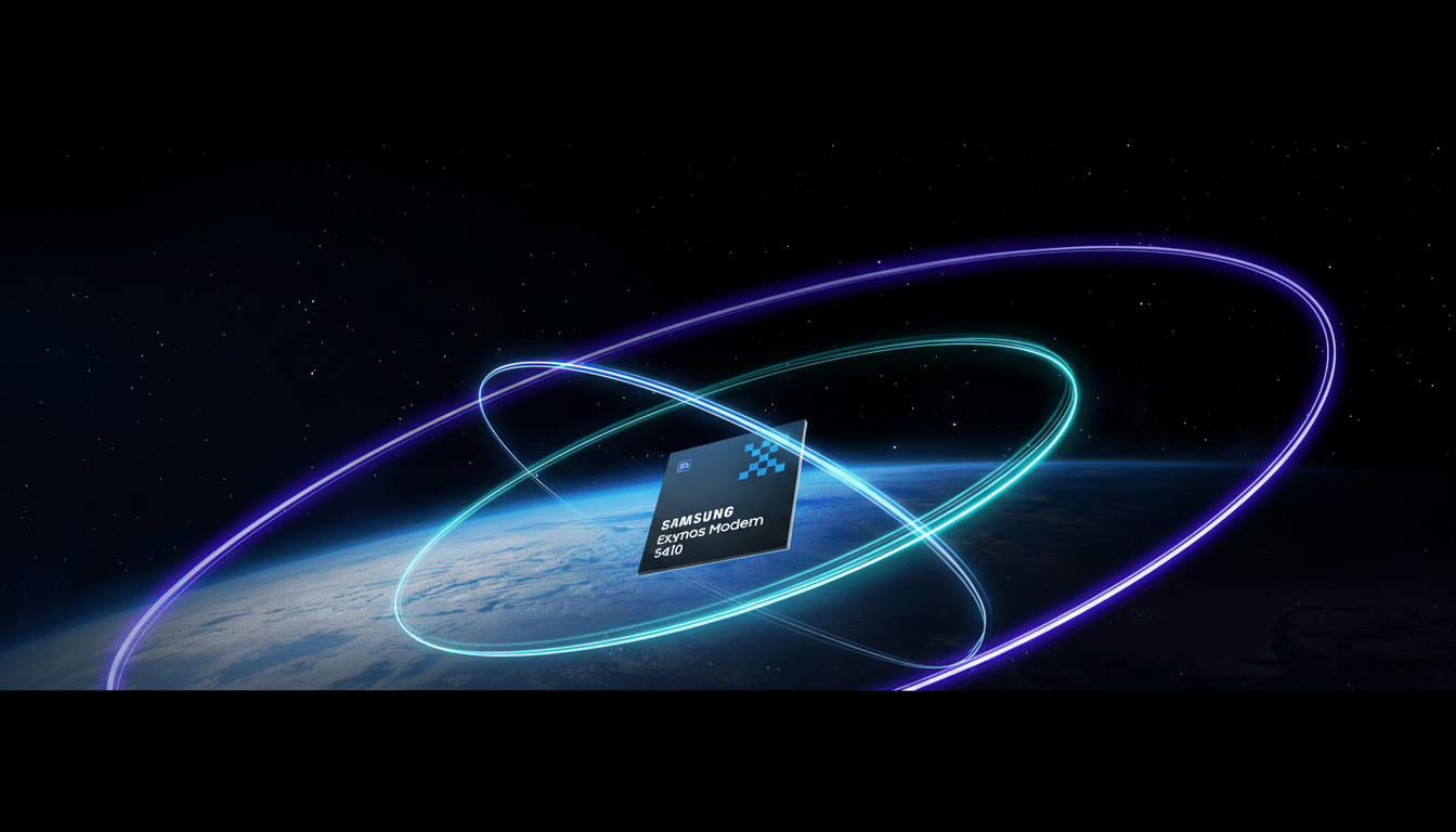 A Samsung Exynos Modem 5410 chip floating above Earth with glowing purple and teal rings orbiting it, set against a starry black background.