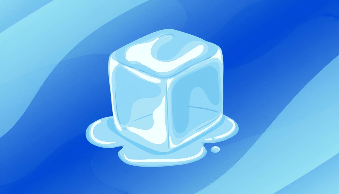 A stylized ice cube, partially melted, on a blue background with subtle wave patterns.