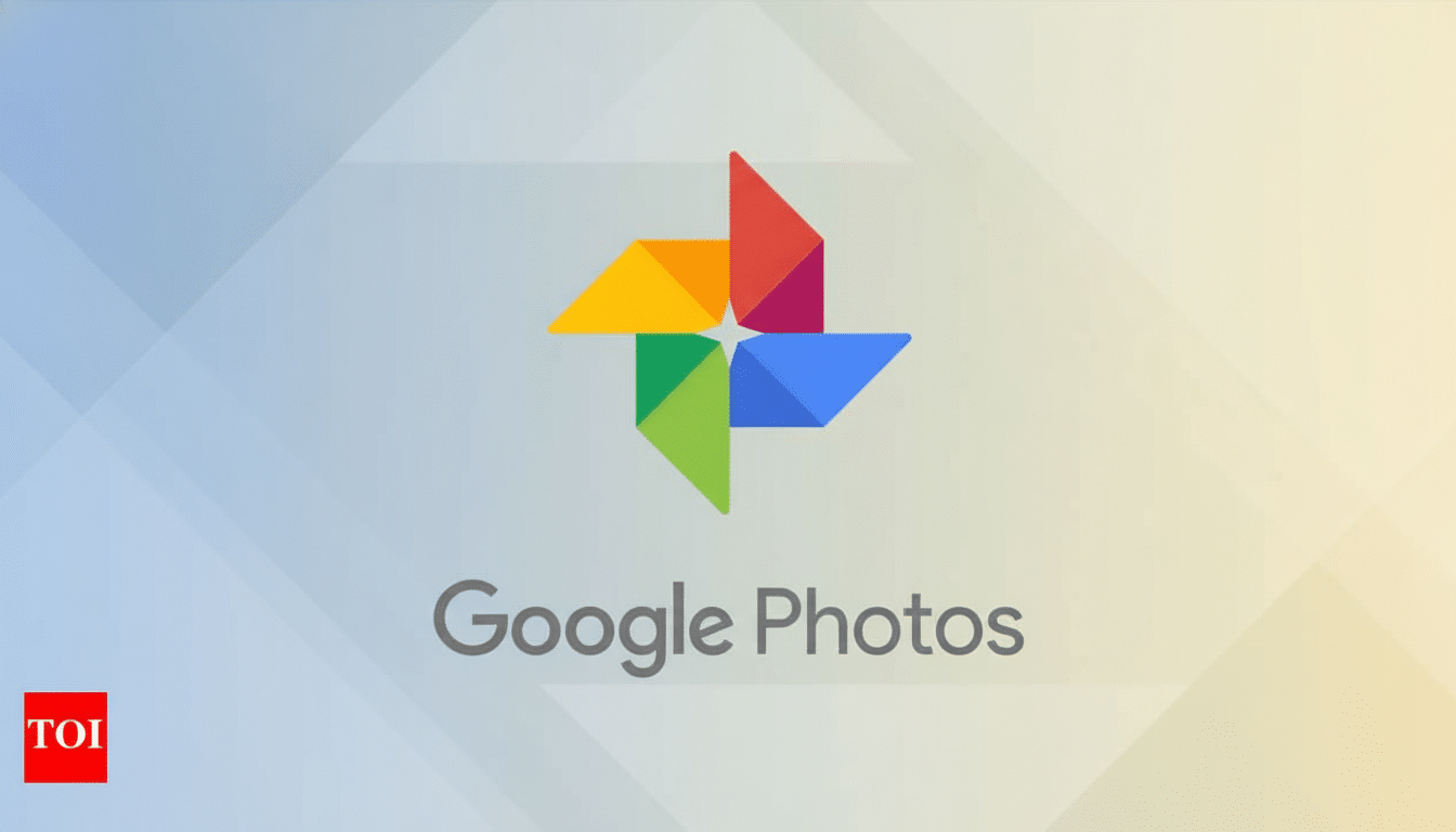 The Google Photos logo and text on a professional flat design background with soft gradients, resized to a 16:9 aspect ratio.