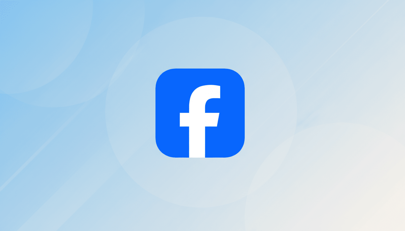 The Facebook f logo in white on a blue rounded square, centered on a professional 16:9 background with soft blue and white gradients and subtle circular patterns.