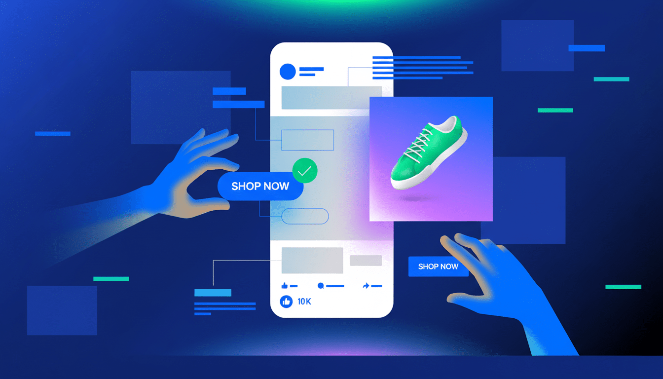 A professional illustration of an e-commerce interface on a smartphone, displaying a green sneaker with a Shop Now button, set against a dark blue background with abstract glowing elements.