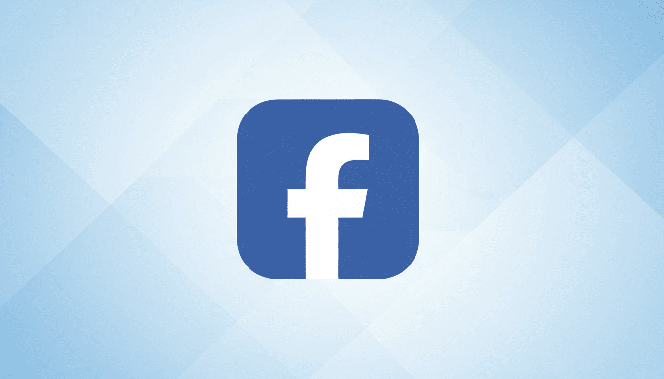 The Facebook f logo in white on a blue rounded square, set against a light blue background with subtle geometric patterns.