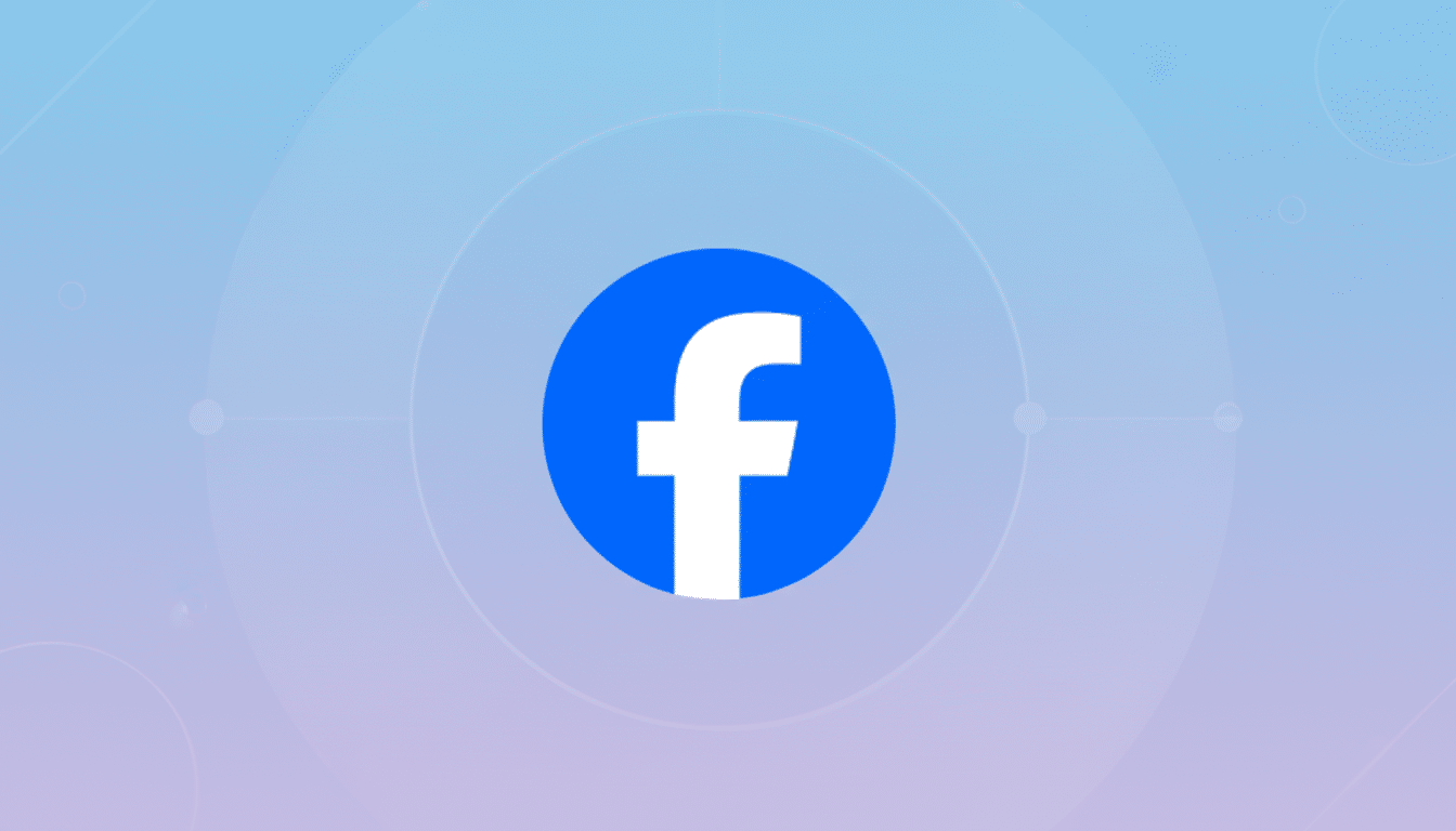 The Facebook logo, a white lowercase f on a blue circle, centered on a professional 16:9 background with soft blue and purple gradients and subtle geometric patterns.