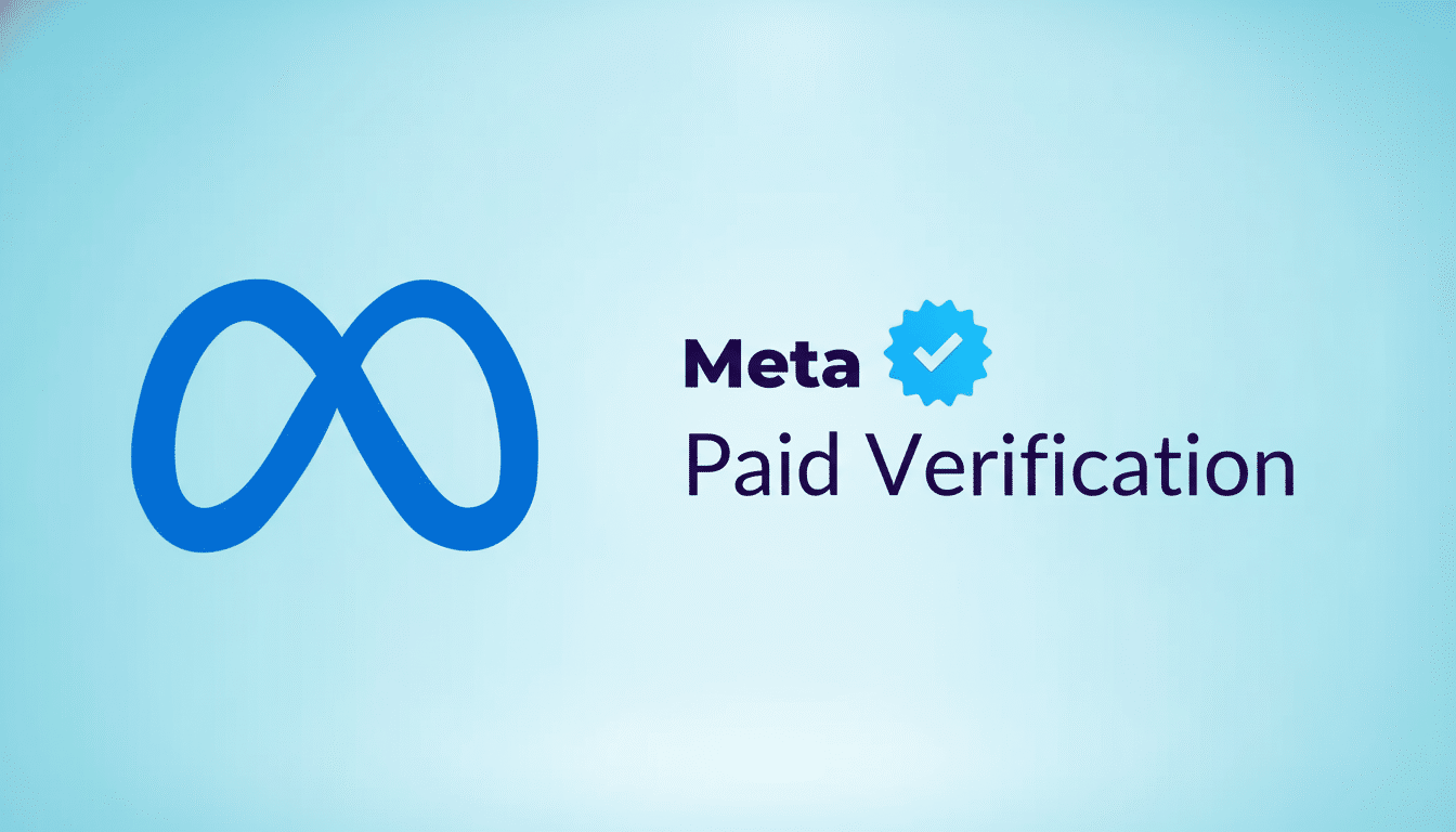 The Meta logo, an infinity symbol, is displayed next to the text Meta Paid Verification with a blue checkmark icon. The background is a light blue gradient.