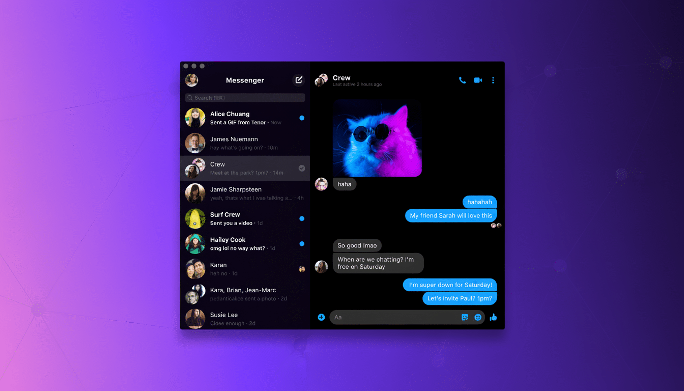 A screenshot of a Messenger application interface, displaying a chat conversation with a contact named Crew. The chat shows messages and a profile picture of a cat with split blue and pink lighting. The background of the image is a purple gradient with a subtle geometric pattern.