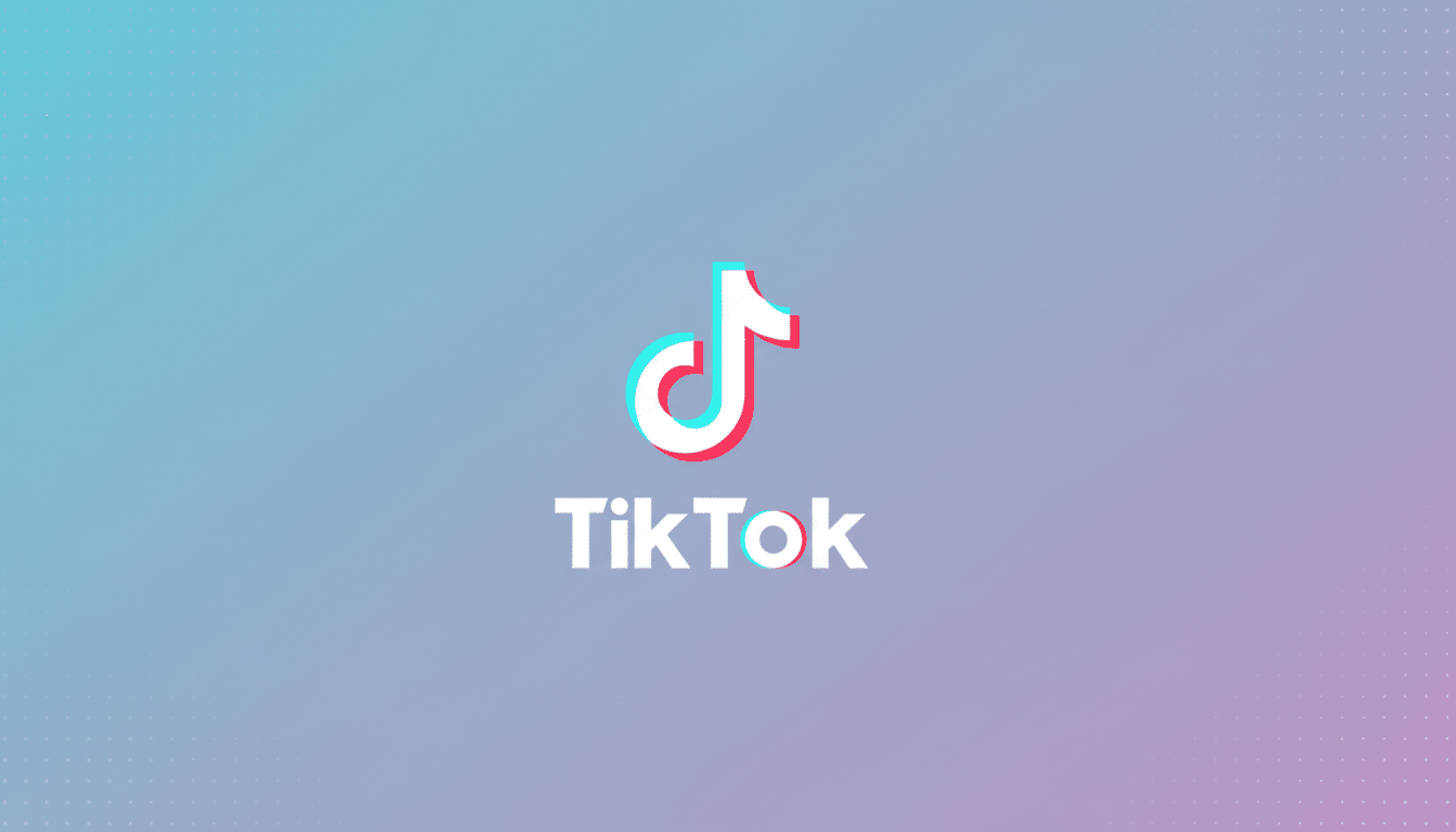 The TikTok logo, featuring a white musical note icon with cyan and red shadows, and the word TikTok in white text below it, centered on a professional flat design background with a soft blue and purple gradient and subtle dot patterns.