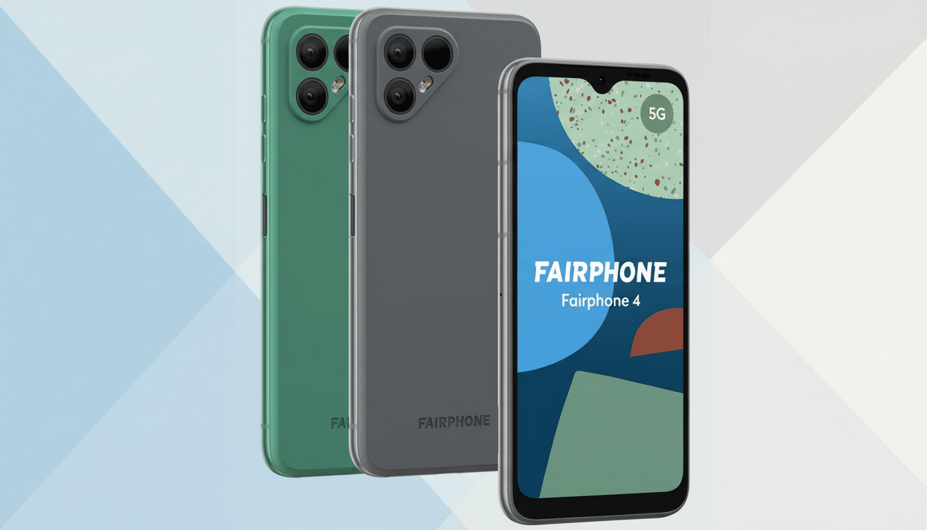 Three Fairphone 4 smartphones, one green, one gray, and one silver, are displayed against a professional flat design background with soft patterns and gradients.