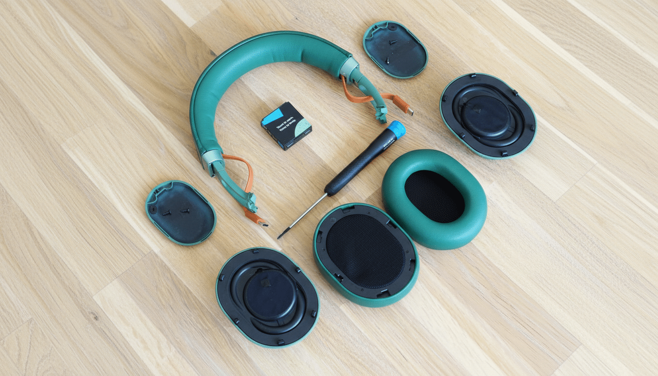 Disassembled green headphones with a screwdriver and small parts laid out on a wooden floor.