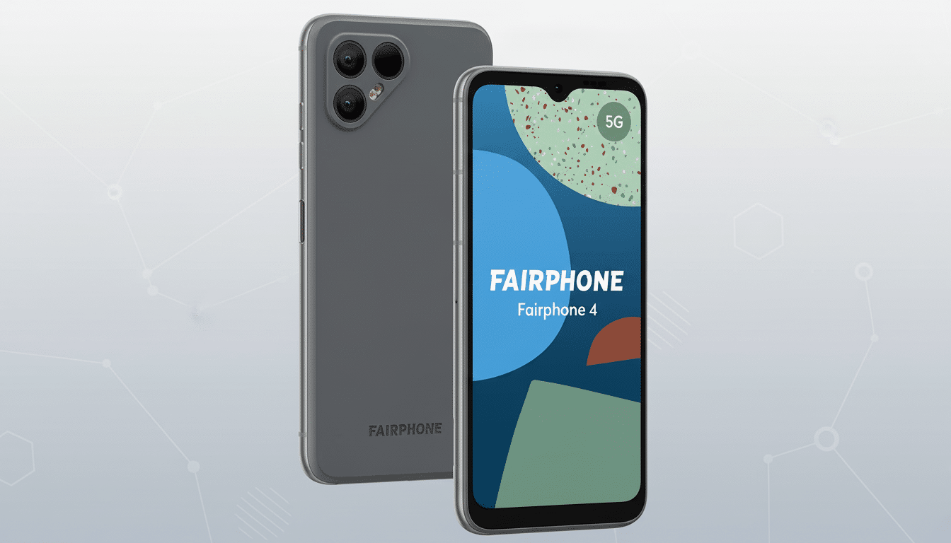 A 16:9 aspect ratio image of two Fairphone 4 smartphones, one facing forward and one showing its back, against a professional flat design background with soft patterns.