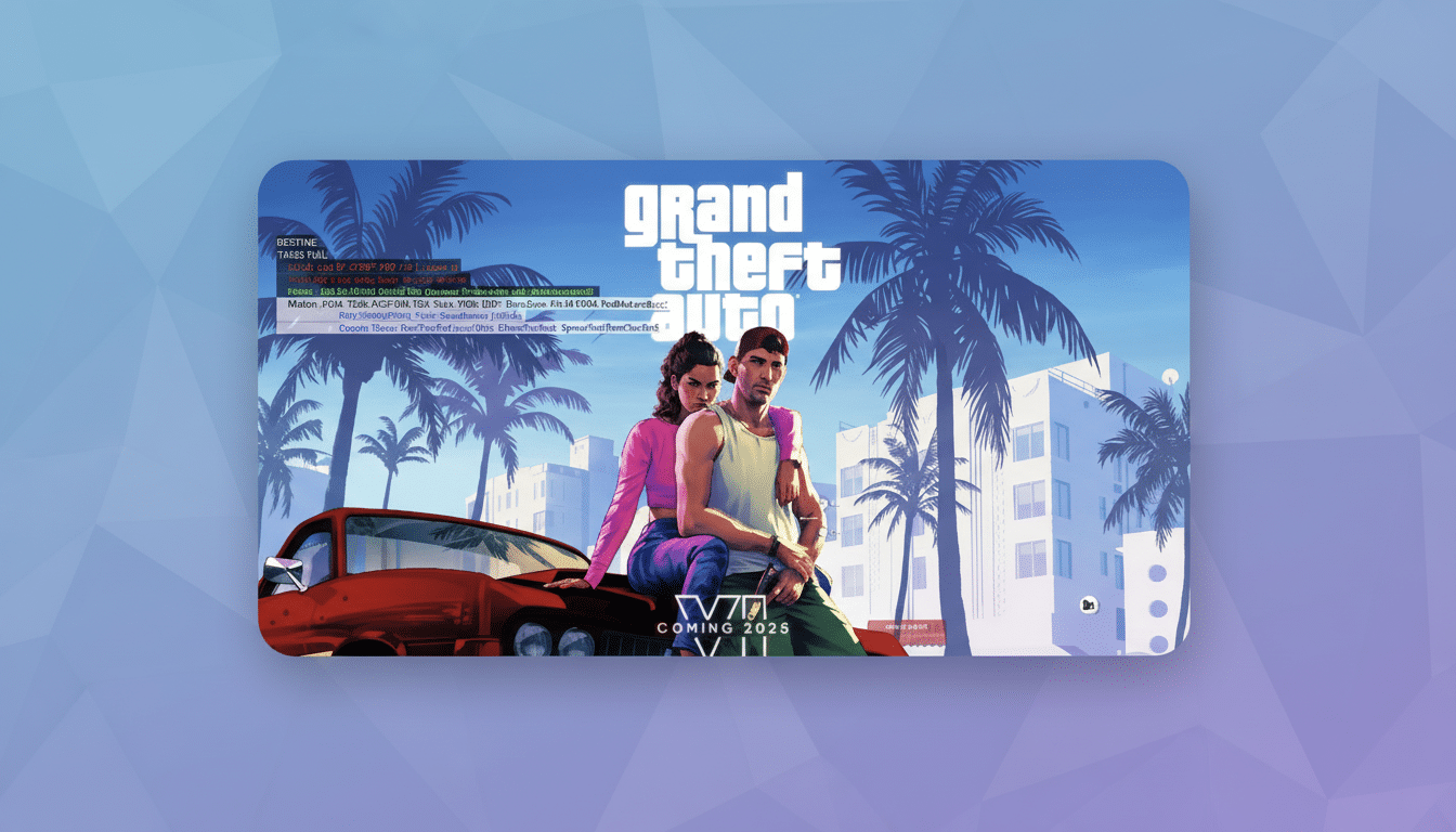 A 16:9 aspect ratio image of the Grand Theft Auto VI promotional art, featuring two characters in front of a red car and palm trees, set against a professional flat design background with soft patterns and gradients.