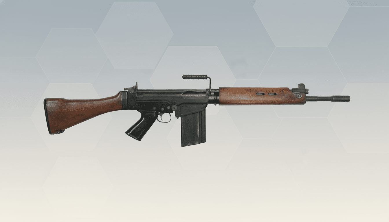 A professional, enhanced image of a rifle with a wooden stock and foregrip, presented against a clean, light gray background with subtle hexagonal patterns.