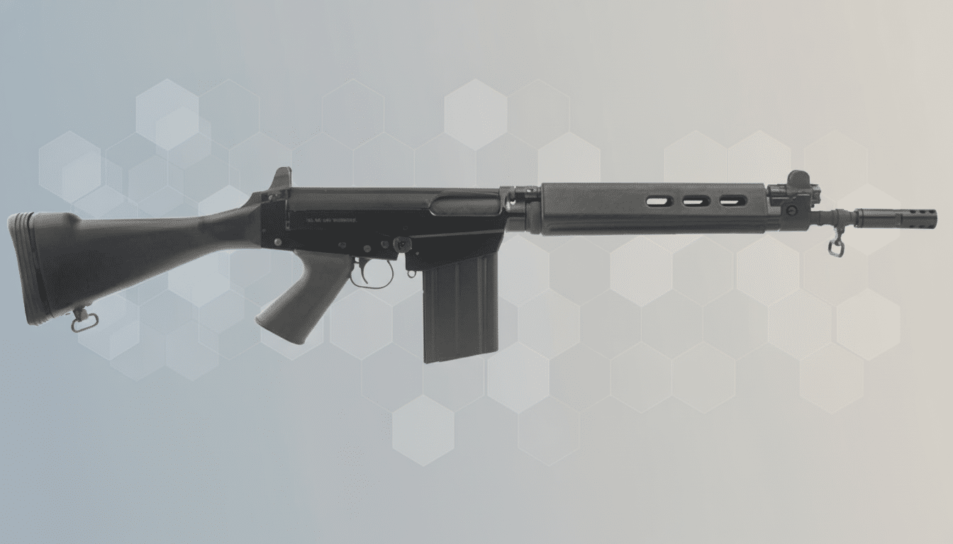 A black rifle with a long barrel and a magazine, presented on a professional flat design background with soft hexagonal patterns and a light gradient.