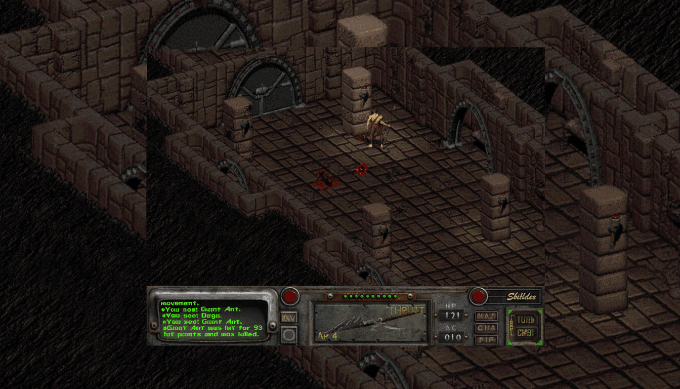 A screenshot from the classic video game Fallout, showing a character in a dungeon-like setting with a dead giant ant on the floor. The games UI elements are visible at the bottom of the screen.