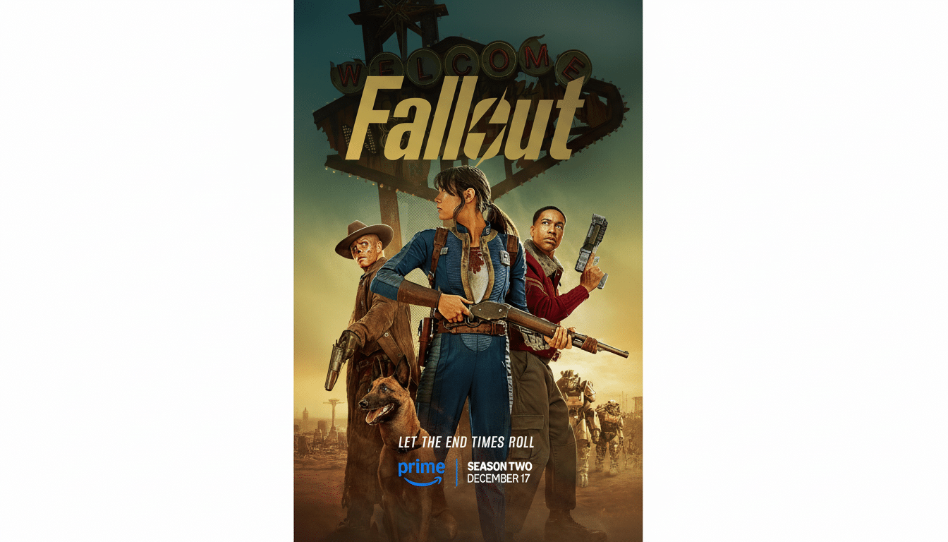 The Fallout TV series poster, resized to a 16:9 aspect ratio, featuring the main characters and dog in a post-apocalyptic setting with the Welcome Fallout sign in the background.