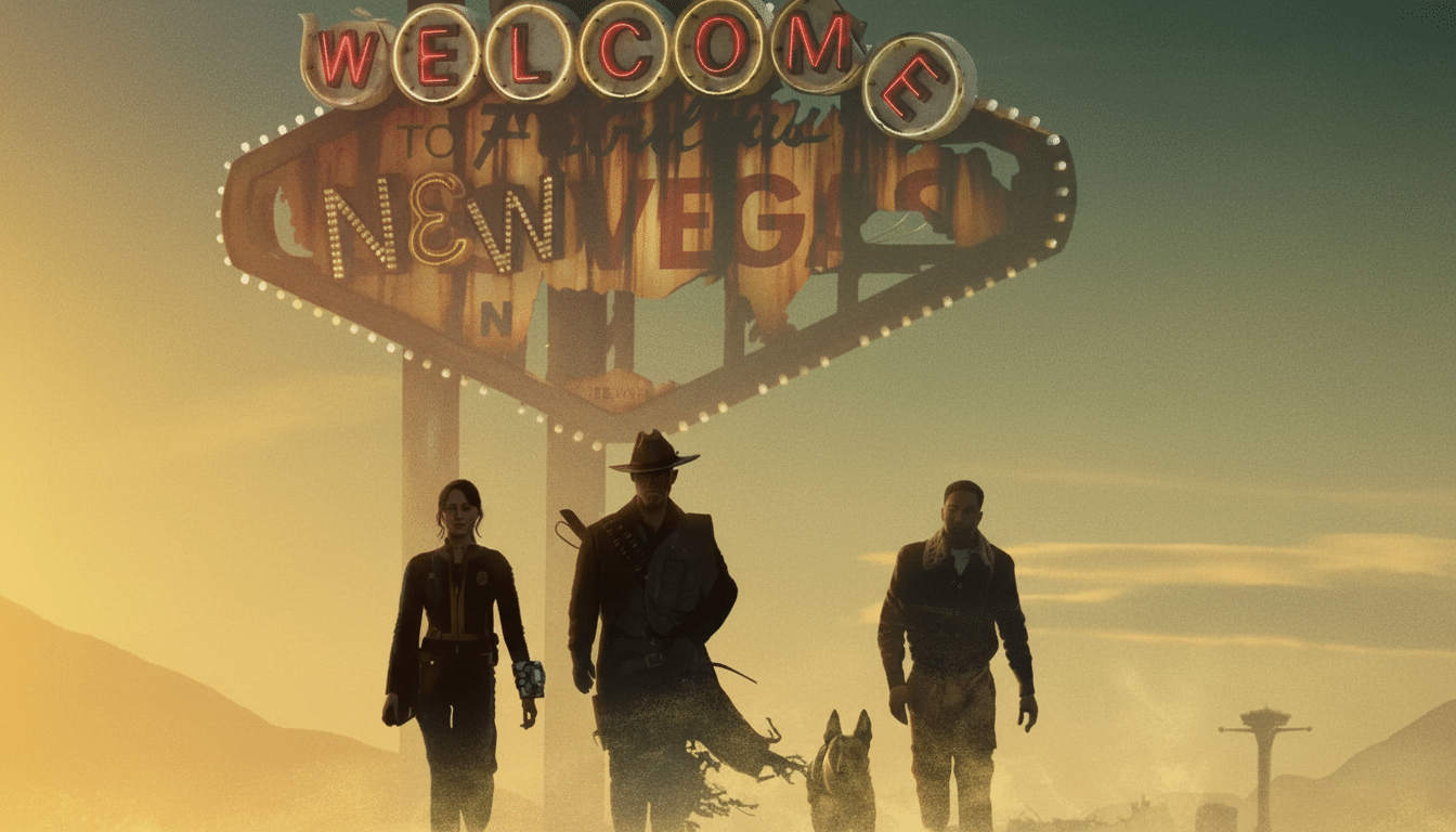 A 16:9 aspect ratio image of three figures and a dog walking away from the Welcome to New Vegas sign in a desert landscape.