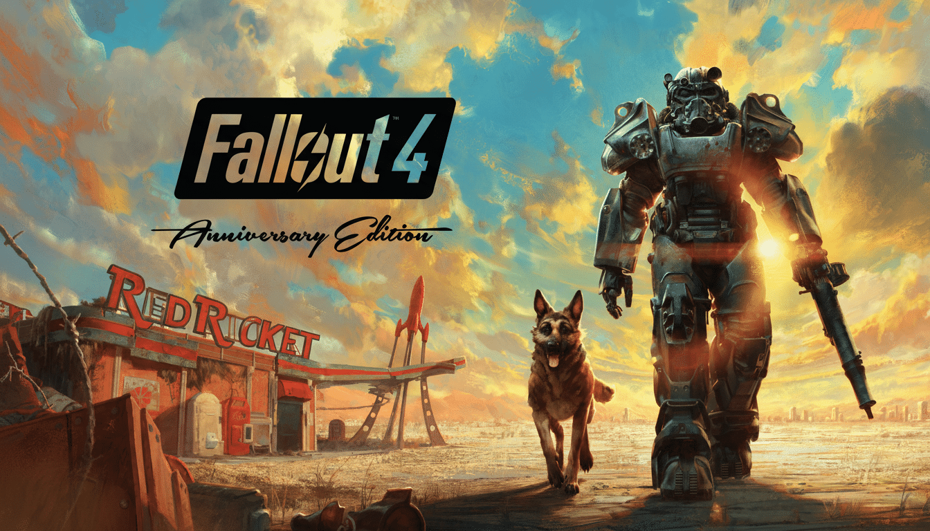 The Fallout 4 Anniversary Edition cover art, featuring a power-armored soldier and a German Shepherd dog walking in a post-apocalyptic landscape with a Red Rocket gas station in the background, resized to a 16:9 aspect ratio.