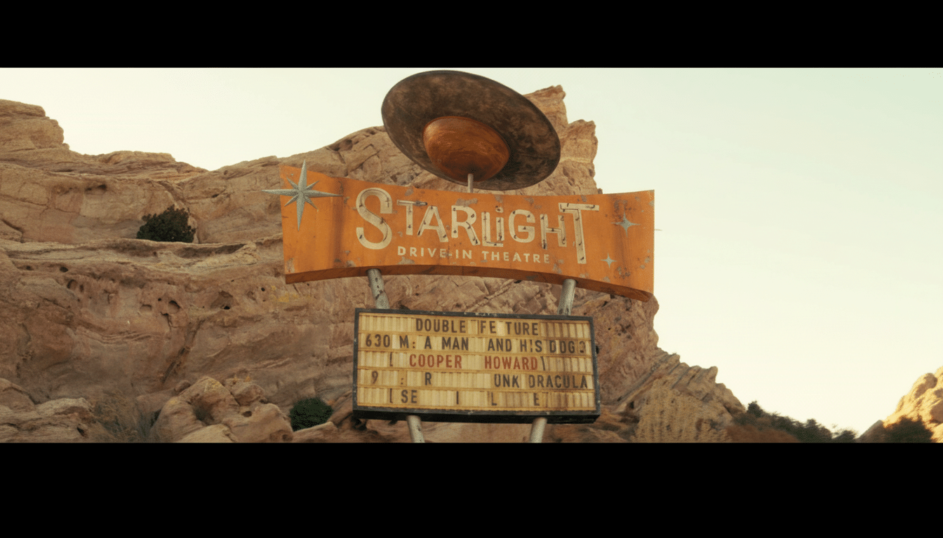 A vintage Starlight Drive-In Theatre sign with a flying saucer on top, set against a backdrop of rocky hills. The sign advertises a double feature: A Man and His Dog and Unk Dracula.