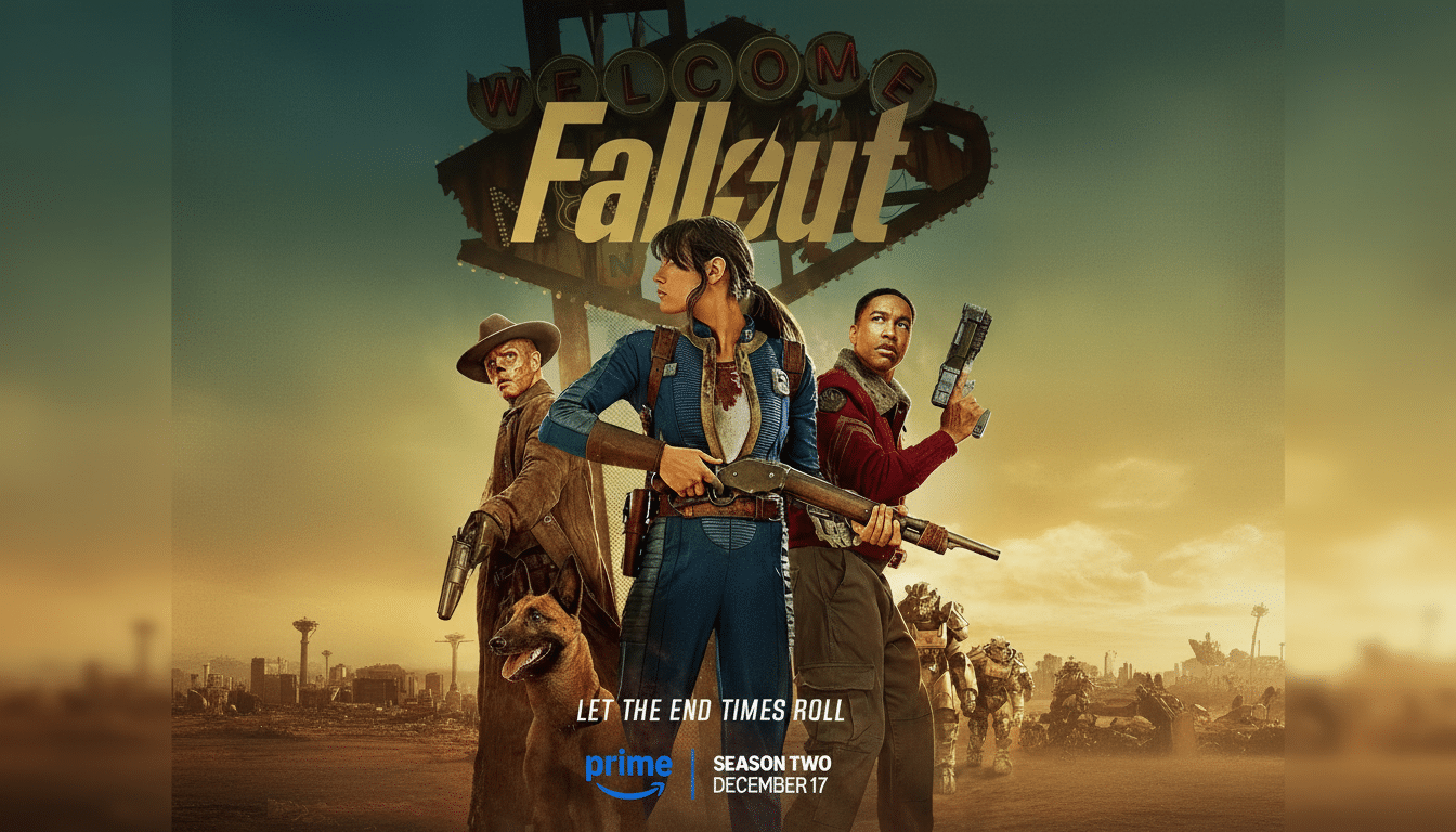 A promotional image for the Fallout series, featuring three main characters and a dog standing in a post-apocalyptic landscape with a Welcome Fallout sign in the background, resized to a 16:9 aspect ratio.