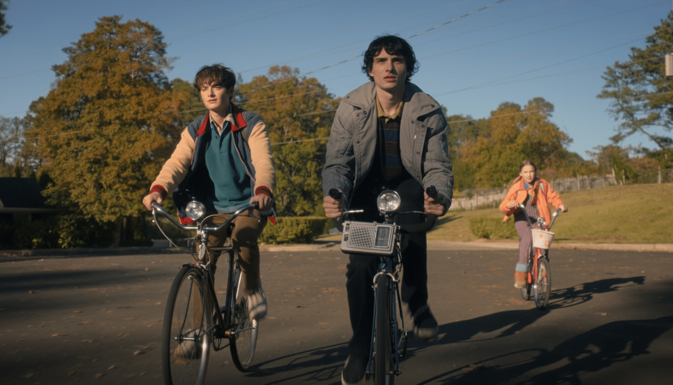 Three young people riding bicycles on a sunny day, with two boys in the foreground and a girl in the background.