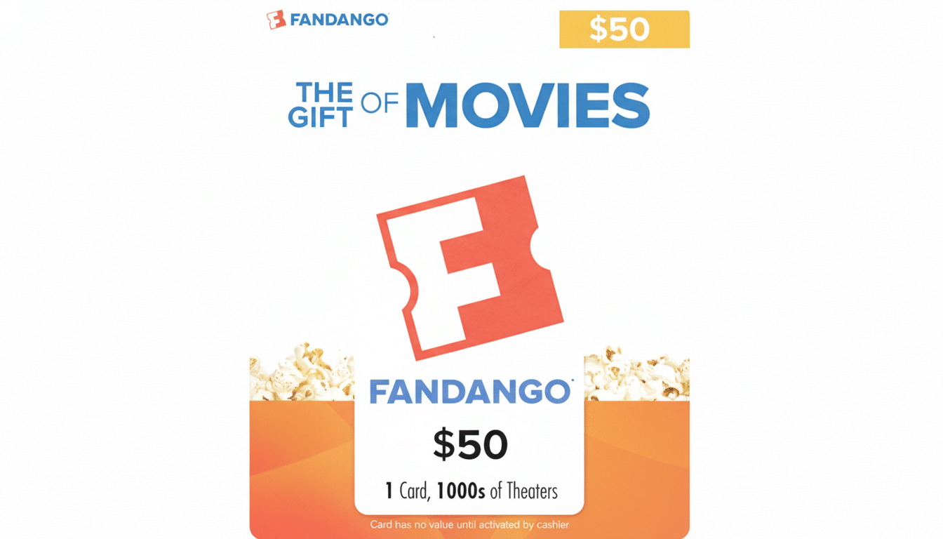 A Fandango gift card for , featuring the Fandango logo and the text The Gift of Movies.