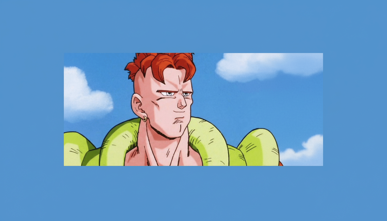 A 16:9 aspect ratio image of Android 16 from Dragon Ball Z, with his original background preserved and a blue border added to fit the aspect ratio.
