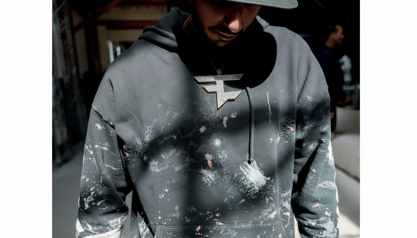 A person wearing a black hoodie with paint splatters and a silver Faze Clan pendant.