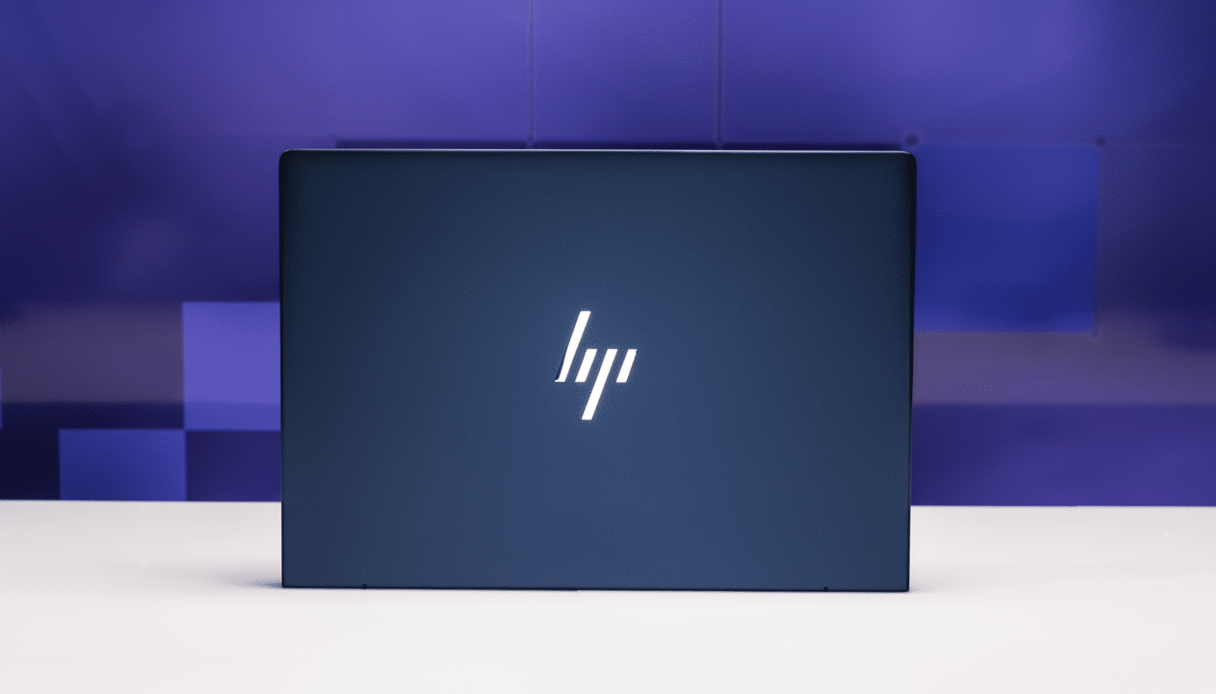 A dark blue HP laptop with a glowing white HP logo on its lid, set against a professional background with soft blue and purple gradients and subtle geometric patterns.