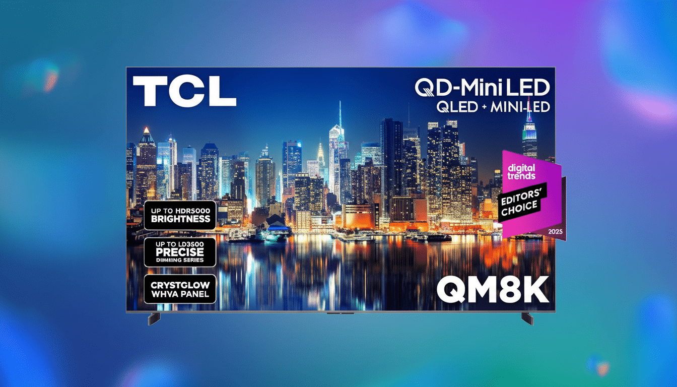 A TCL QD-Mini LED QLED + Mini-LED QM8K television displaying a vibrant cityscape at night, with the screen set against a blurred background of soft, colorful bokeh lights.
