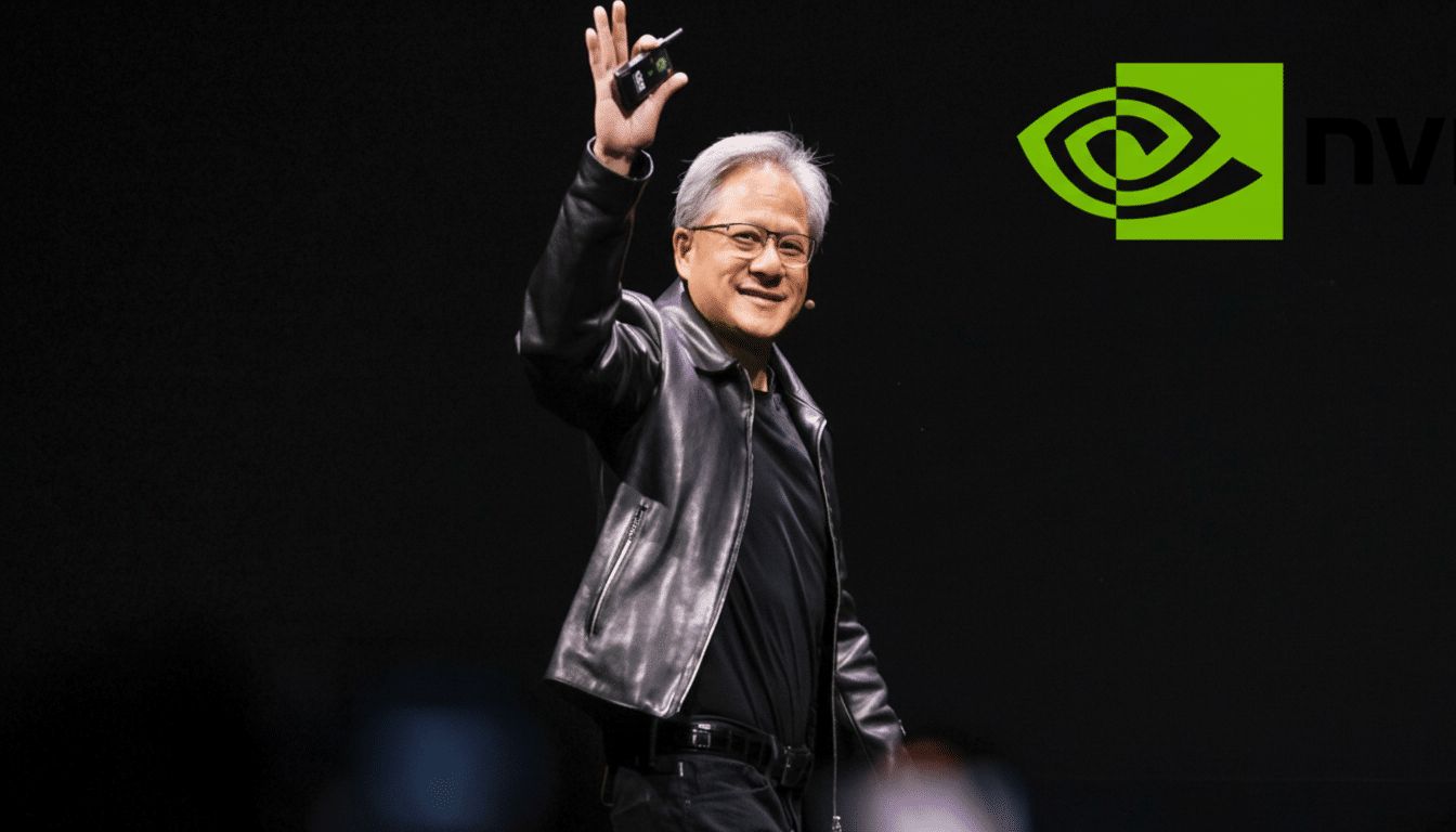 A man in a black leather jacket waves to an audience, with the NVIDIA logo in the background.