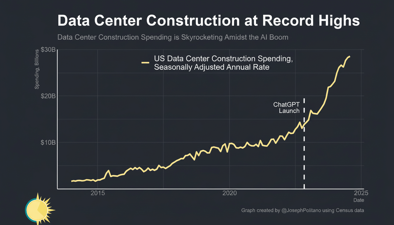 A line graph showing US data center construction spending, seasonally adjusted annual rate, from 2014 to 2025. The spending steadily increases, with a sharp rise after the ChatGPT launch in late 2022, reaching nearly  billion by 2025.