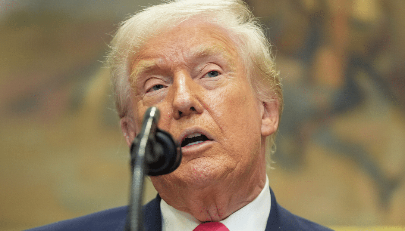 A close-up, professionally enhanced image of Donald Trump speaking into a microphone, resized to a 16:9 aspect ratio.