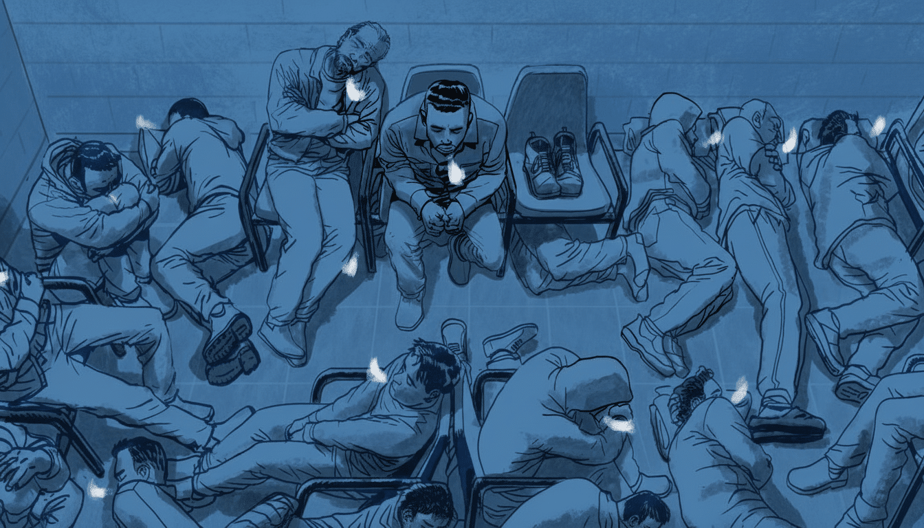An illustration of several men sleeping on chairs and the floor in a blue-toned room, with small white glowing embers floating near each person.