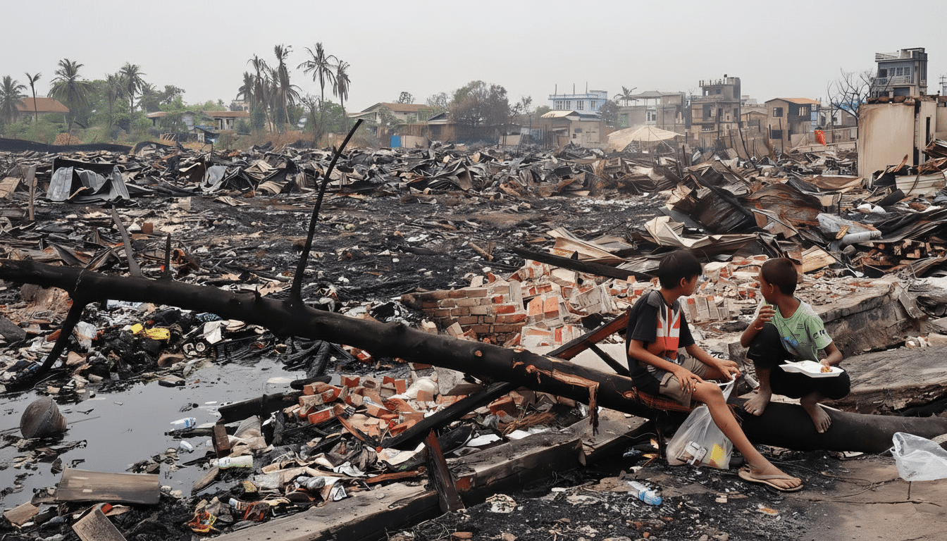 Two boys sit on a charred log amidst the rubble and debris of a devastated area, with distant buildings and palm trees under a hazy sky.