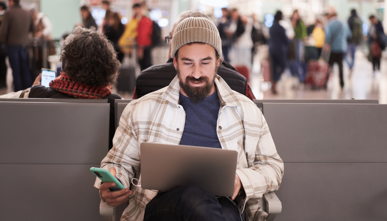 A man with a beard and a beanie sits in an airport terminal, looking at his laptop while holding a smartphone.