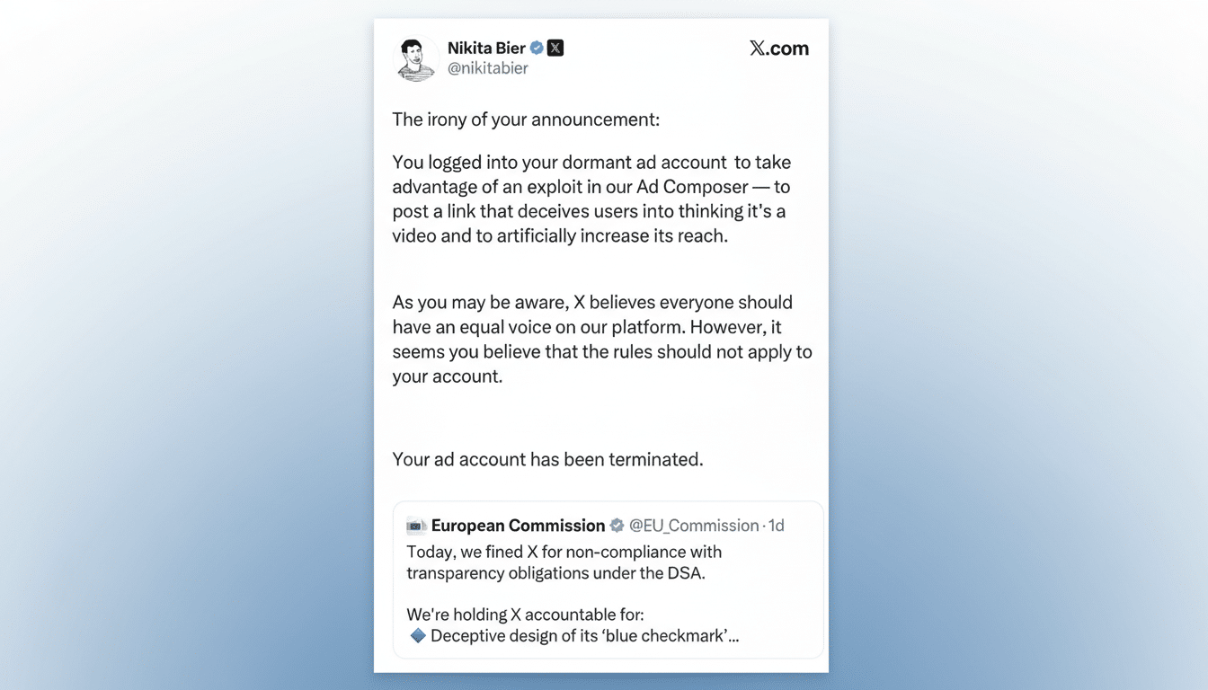 A screenshot of a tweet from Nikita Bier, an X user, discussing the termination of an ad account due to an exploit in the Ad Composer. The tweet also references a fine issued to X by the European Commission for non-compliance with transparency obligations under the DSA, specifically regarding the deceptive design of its blue checkmark. The image is presented on a professional flat design background with soft gradients.