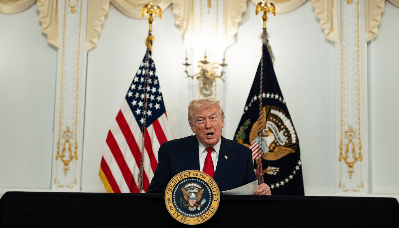 Donald Trump speaking at a podium with the Presidential Seal, flanked by the American flag and the Presidential flag.