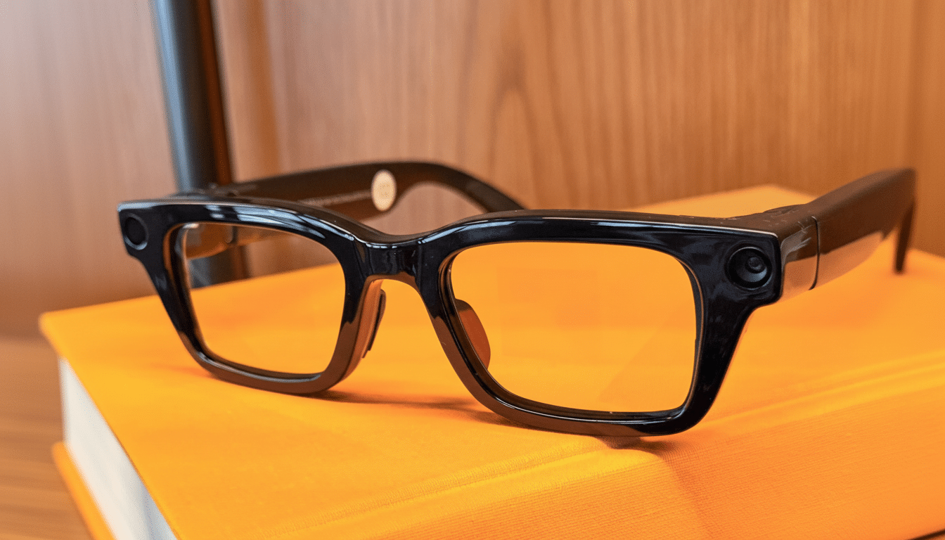 A pair of black smart glasses with orange-tinted lenses resting on an orange book.
