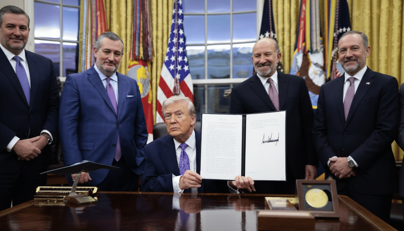 Donald Trump seated at a desk, holding up a signed document, flanked by several men in suits, in what appears to be the Oval Office.