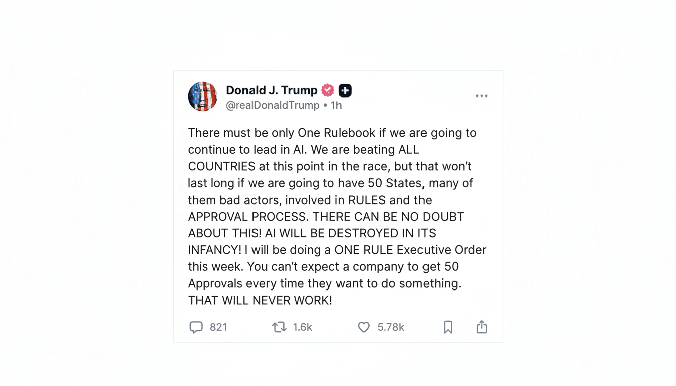 A screenshot of a tweet from Donald J. Trumps account, resized to a 16:9 aspect ratio with a clean, professional white background. The tweet discusses the need for One Rulebook in AI to maintain leadership and prevent its destruction due to multiple state approvals.