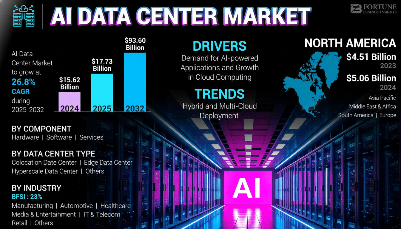 A professional infographic titled AI Data Center Market displaying market growth, drivers, trends, and regional breakdown.
