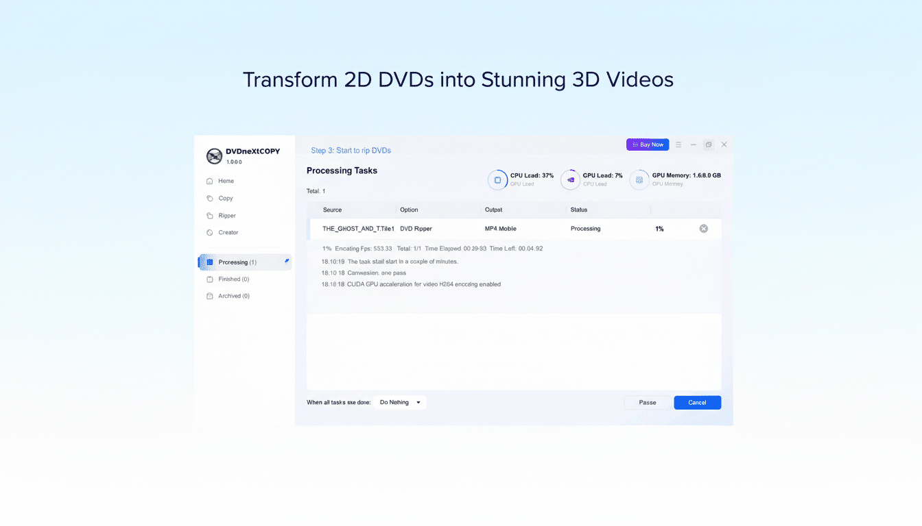 A screenshot of the DVDNextCOPY software interface, showing a Processing Tasks screen with a DVD ripping process in progress. The top of the image has the text Transform 2D DVDs into Stunning 3D Videos.