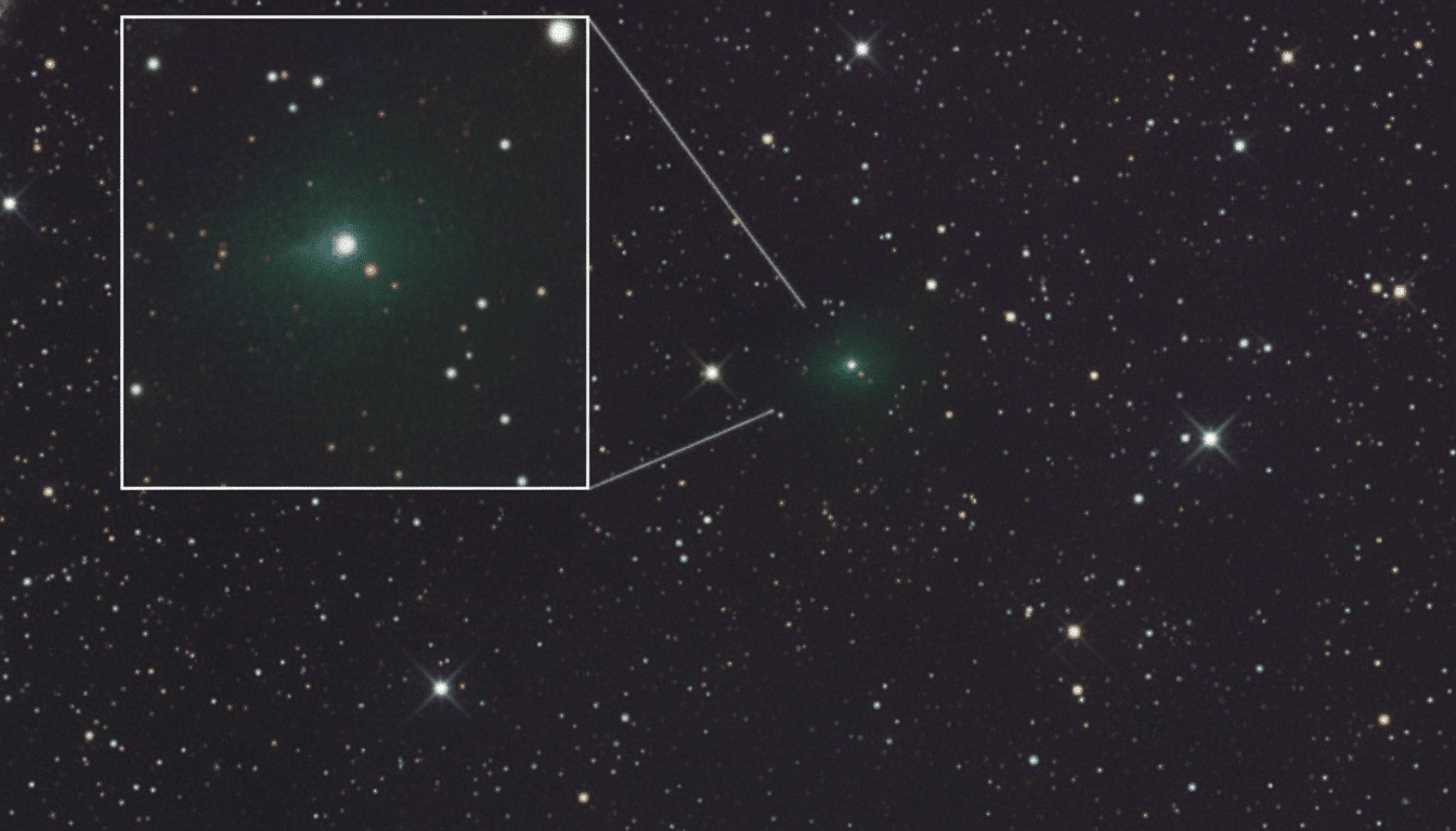 A dark astronomical image showing a comet with a green coma and tail, surrounded by numerous stars, with a magnified inset of the comet in the upper left corner.