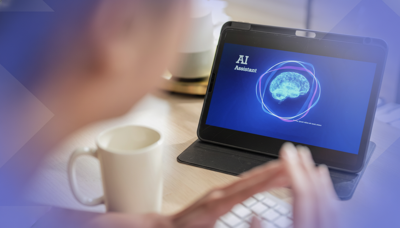 A person working on a tablet displaying an AI Assistant interface with a brain graphic, resized to a 16:9 aspect ratio with a subtle gradient overlay.