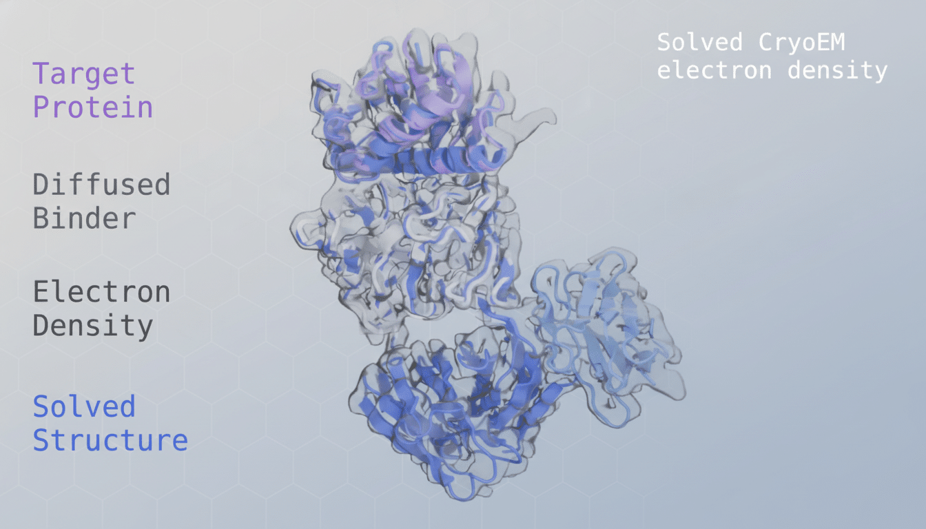 A scientific diagram showing a Target Protein and Diffused Binder with Electron Density and Solved Structure labels, presented against a professional flat design background with soft patterns.