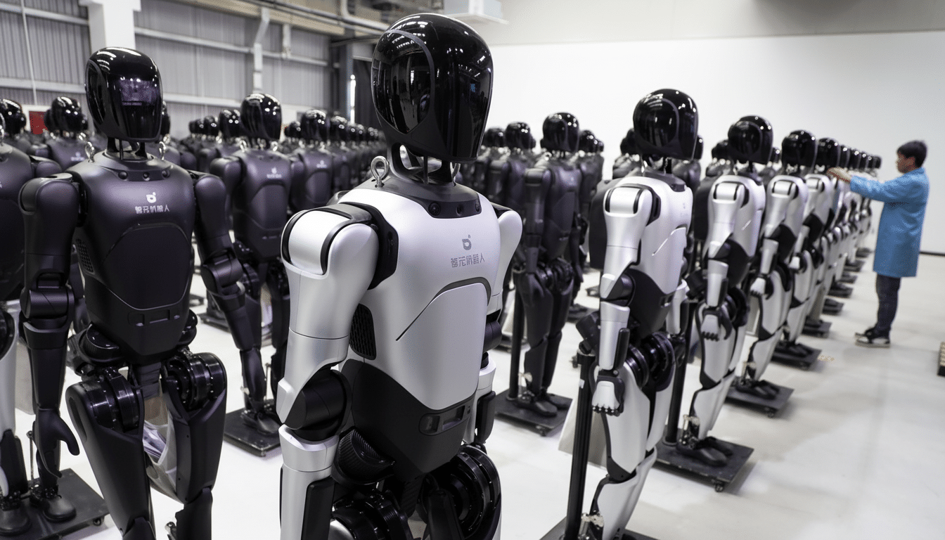 A factory floor filled with rows of humanoid robots, some black and some silver and black, with a person in a blue shirt working on one in the background.