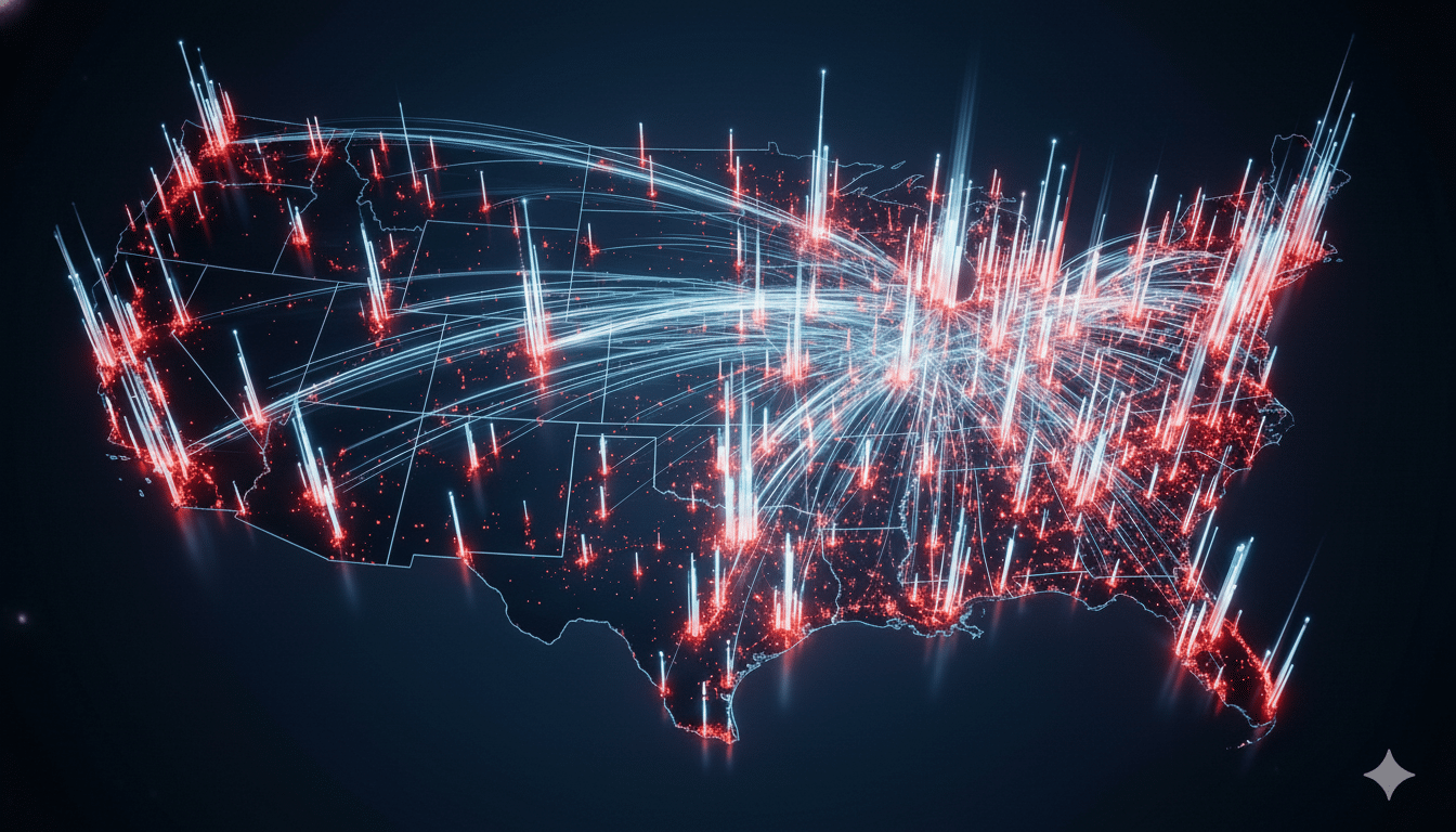 A 16:9 aspect ratio image of the United States map with glowing red and blue lines representing data flow and connections across the country.