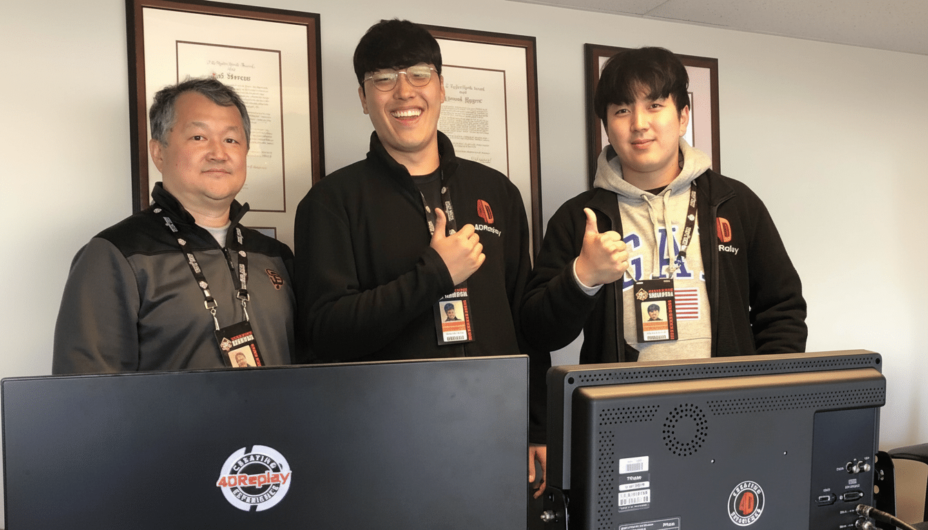 Three men, two of whom are giving a thumbs-up, stand behind two computer monitors.