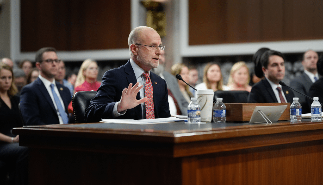A man in a suit and patterned tie speaks at a wooden desk in a hearing room, with other people visible in the background.